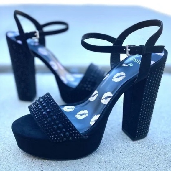 JUICY COUTURE black rhinestone platform heels strappy 8.5 - Picture 3 of 7
